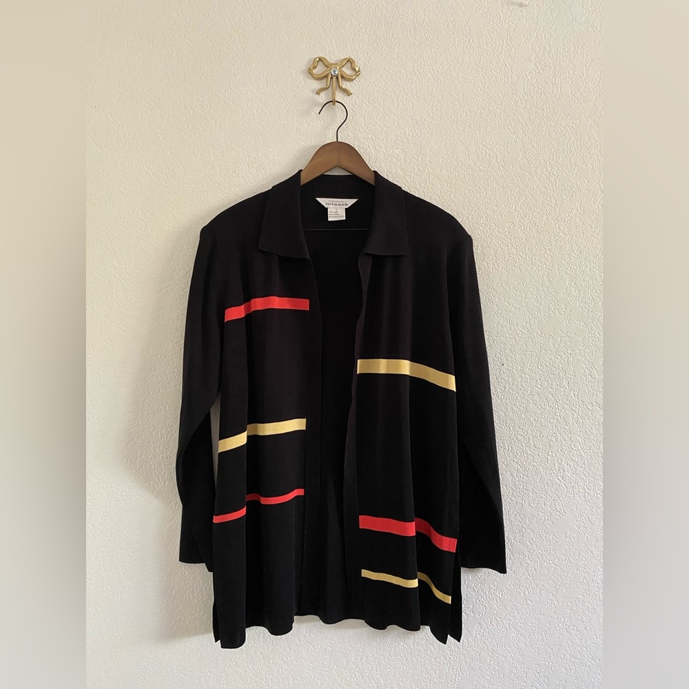 Exclusively Misook Black Striped Knit Open Front Cardigan Sweater Jacket Size L